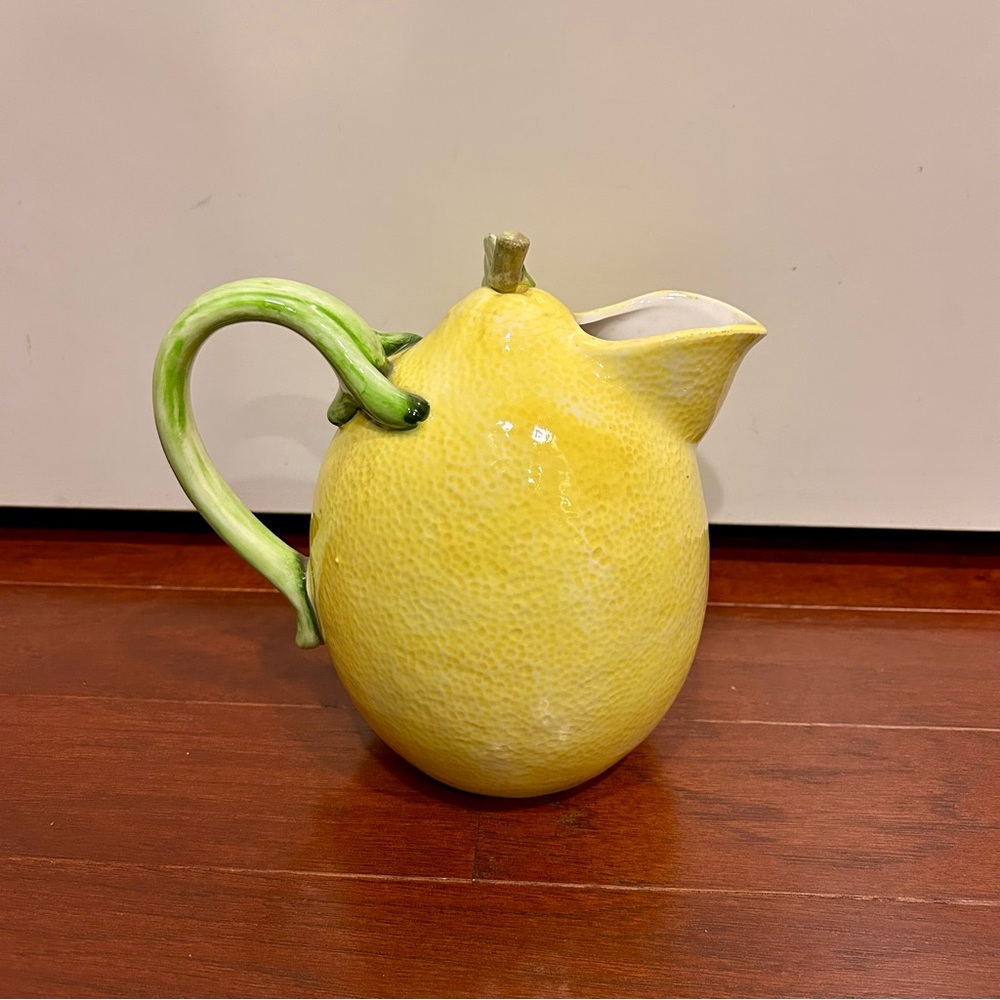 Vintage Ceramic Lemon Pitcher Green Leaf Handle Crafted in Japan hand painted - Picture 3 of 10